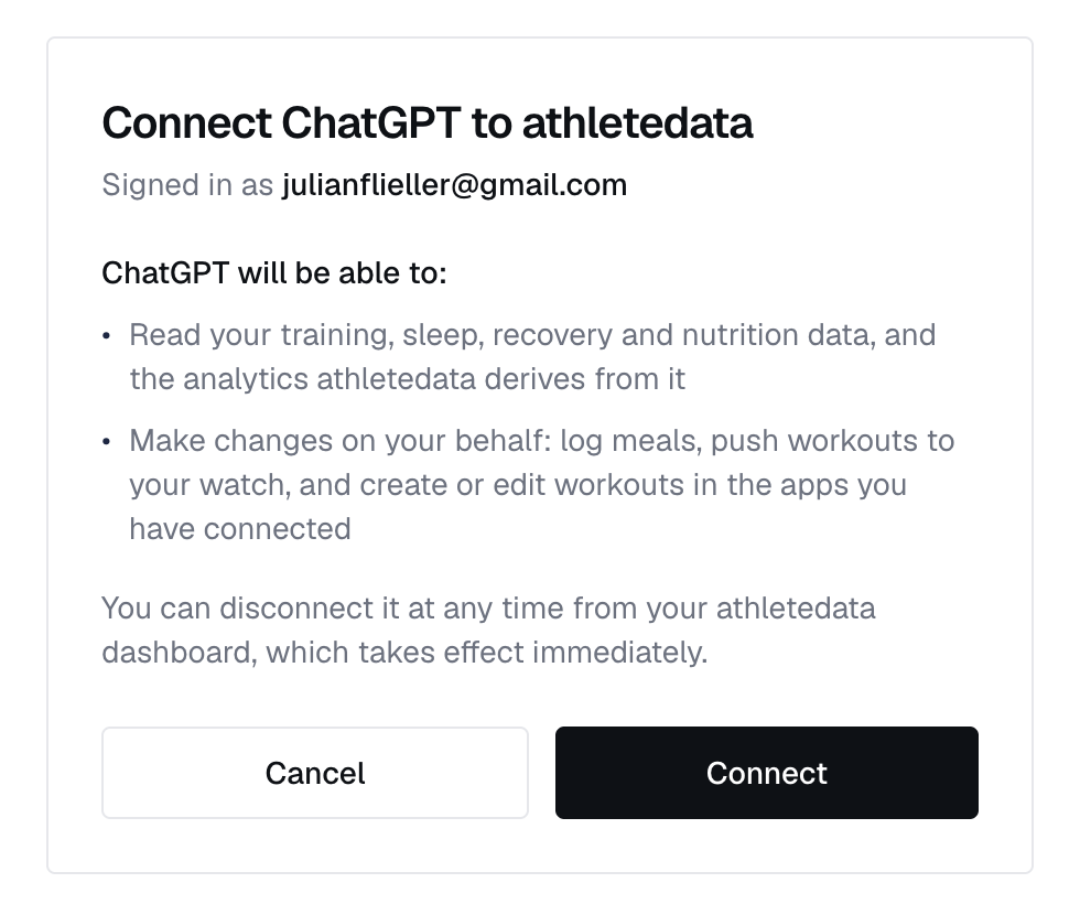 athletedata consent screen showing what ChatGPT will be able to read and change