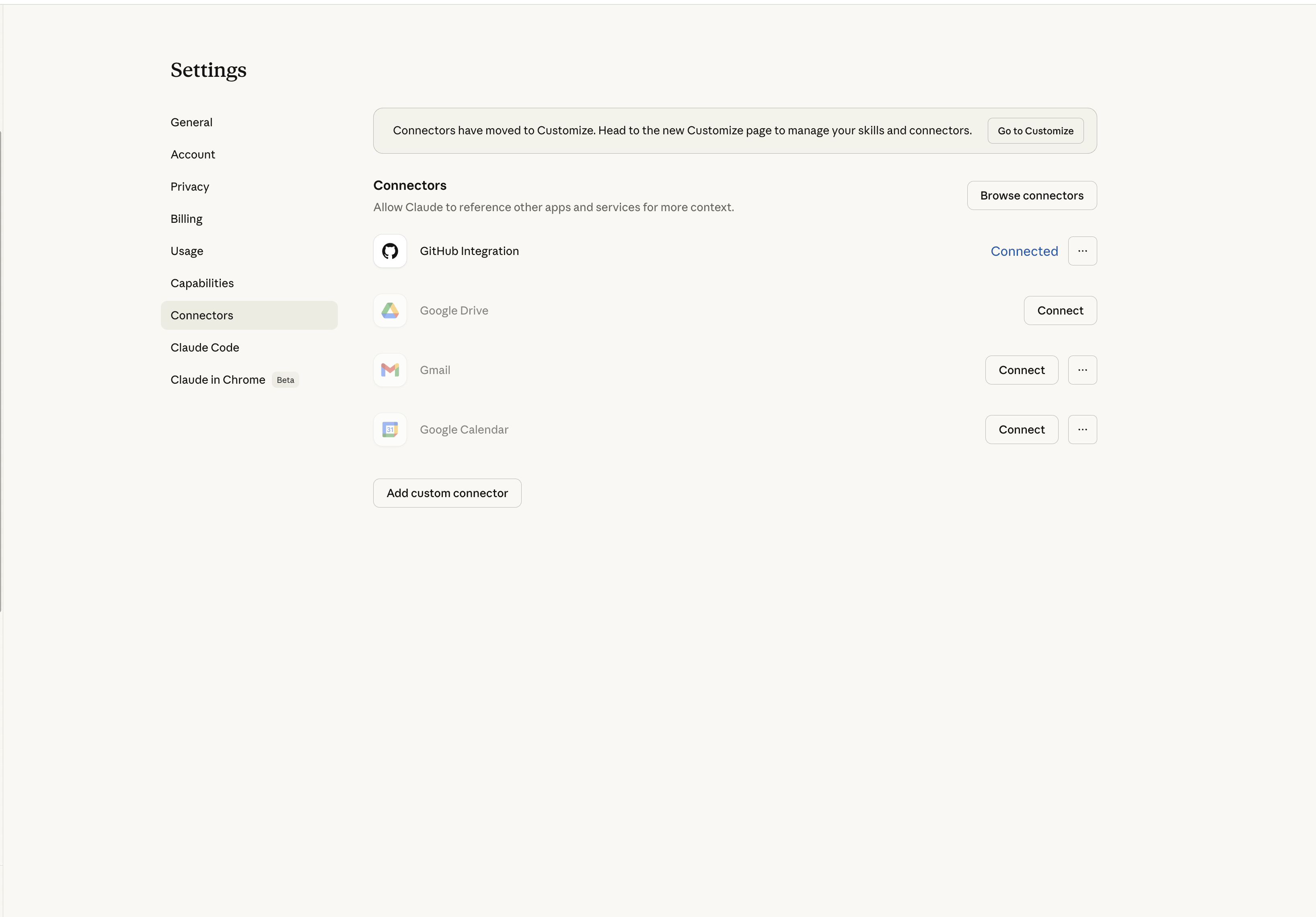Claude connectors page with Add custom connector button
