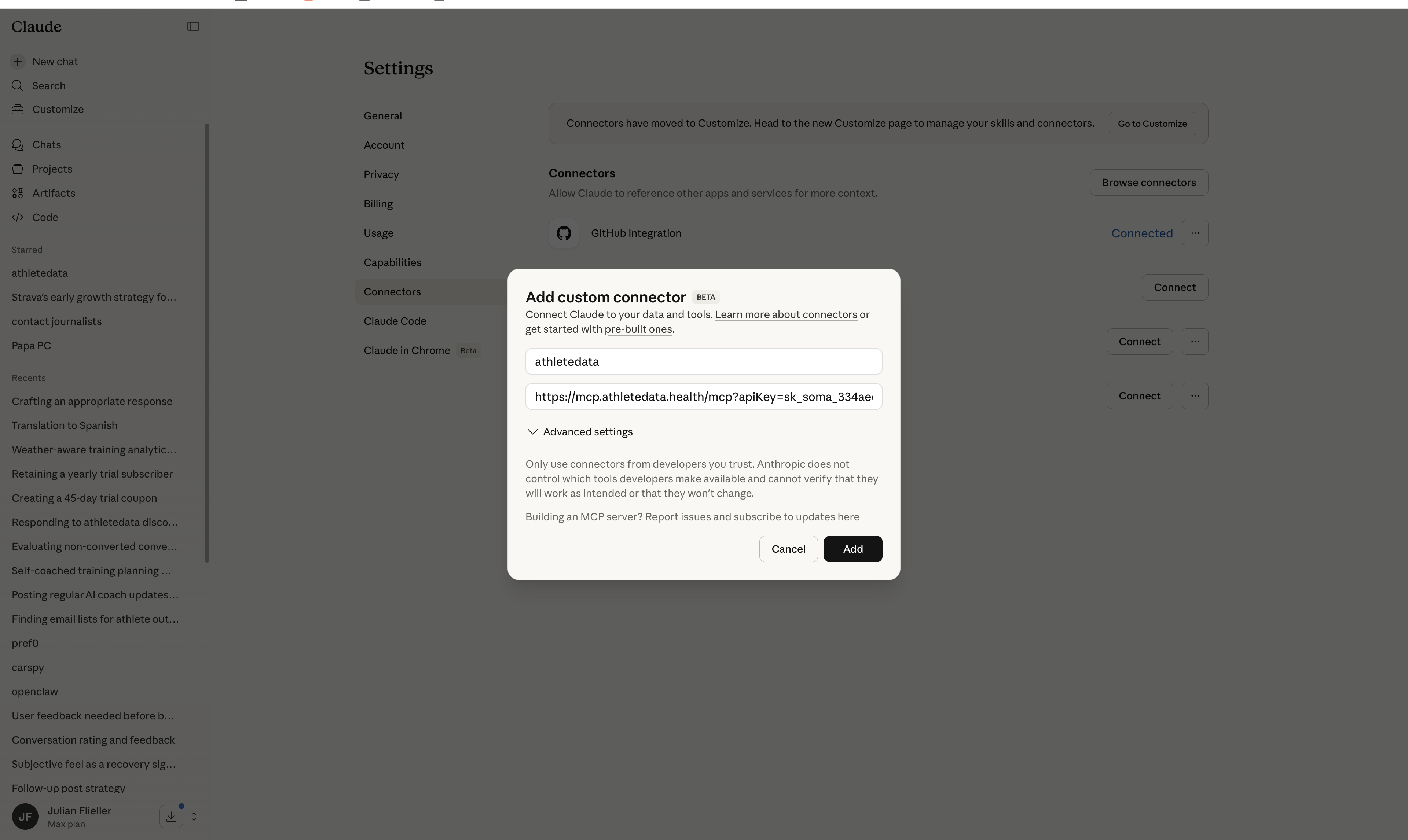 Claude Add custom connector dialog with athletedata URL filled in