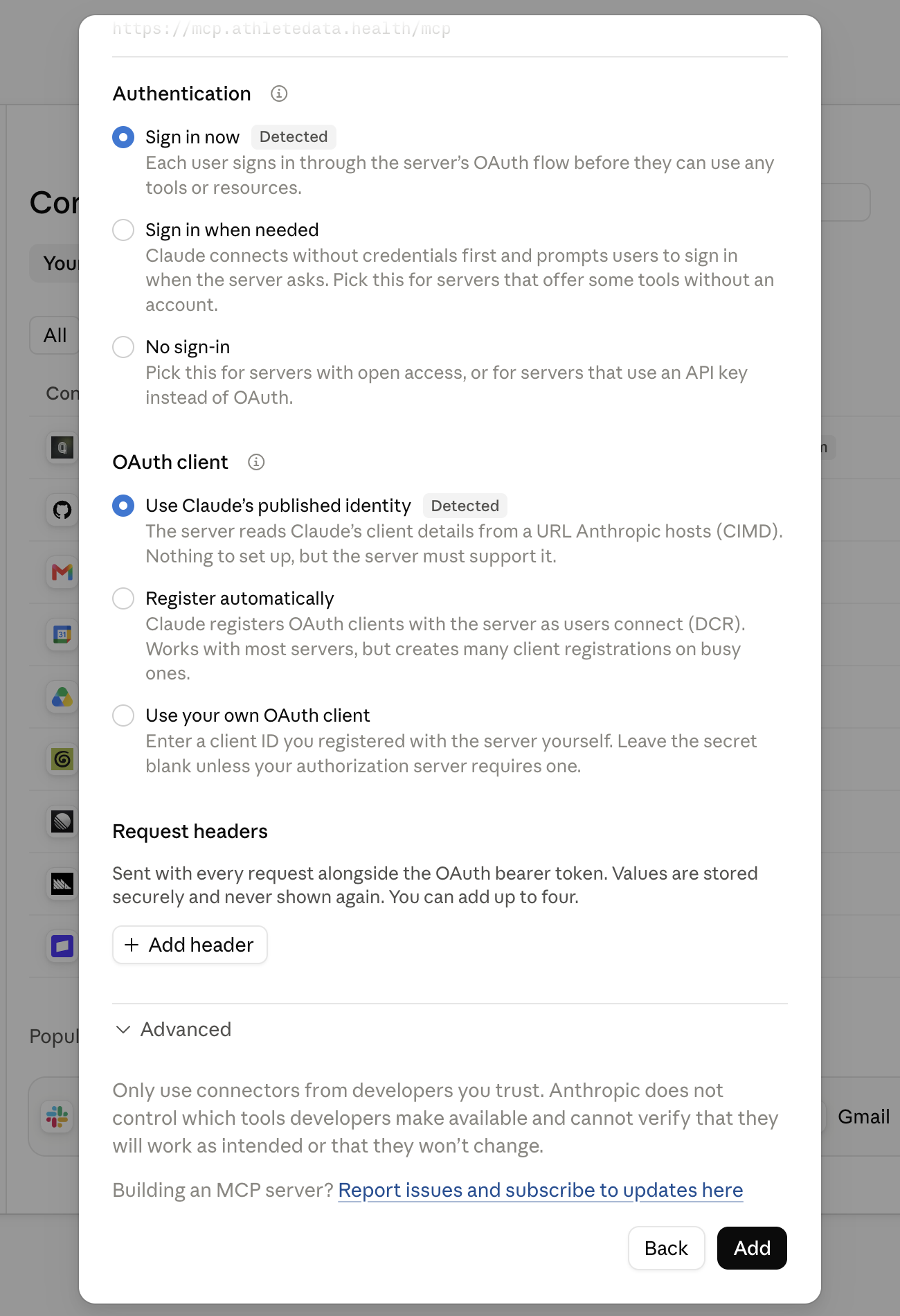 Claude connector authentication page with Sign in now and Use Claude's published identity both detected