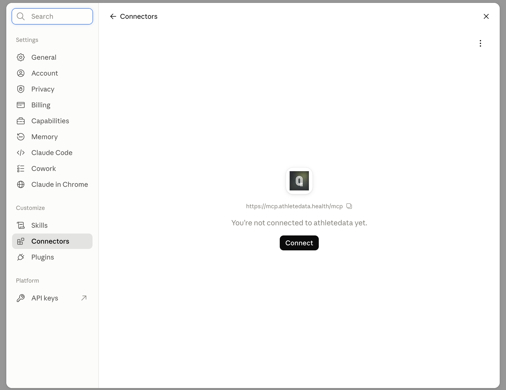 Claude connector page showing you are not connected to athletedata yet, with a Connect button