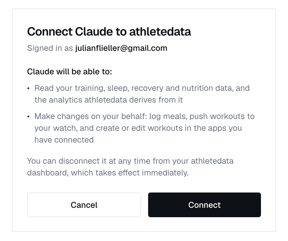athletedata consent screen showing what Claude will be able to read and change