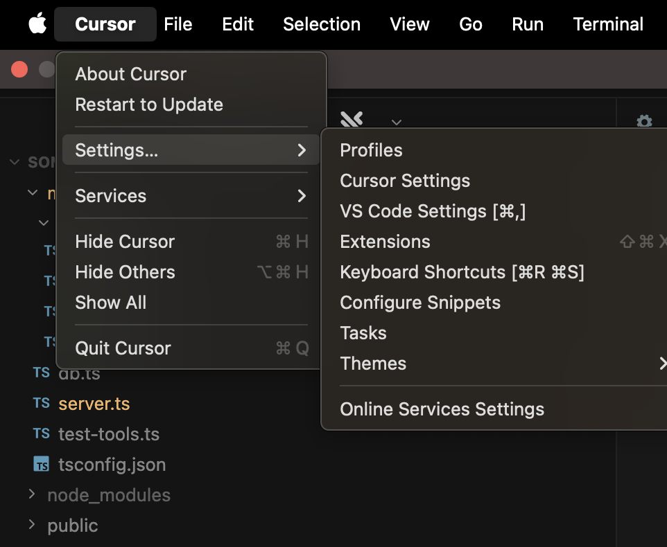 Cursor menu showing Settings and Cursor Settings