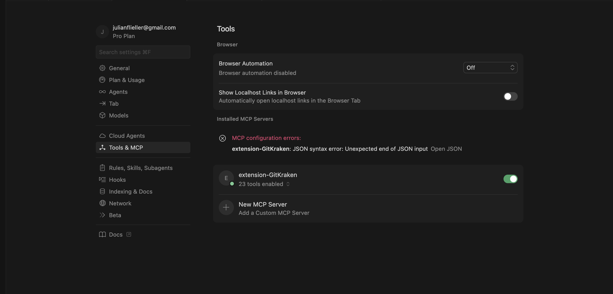 Cursor Tools & MCP settings page