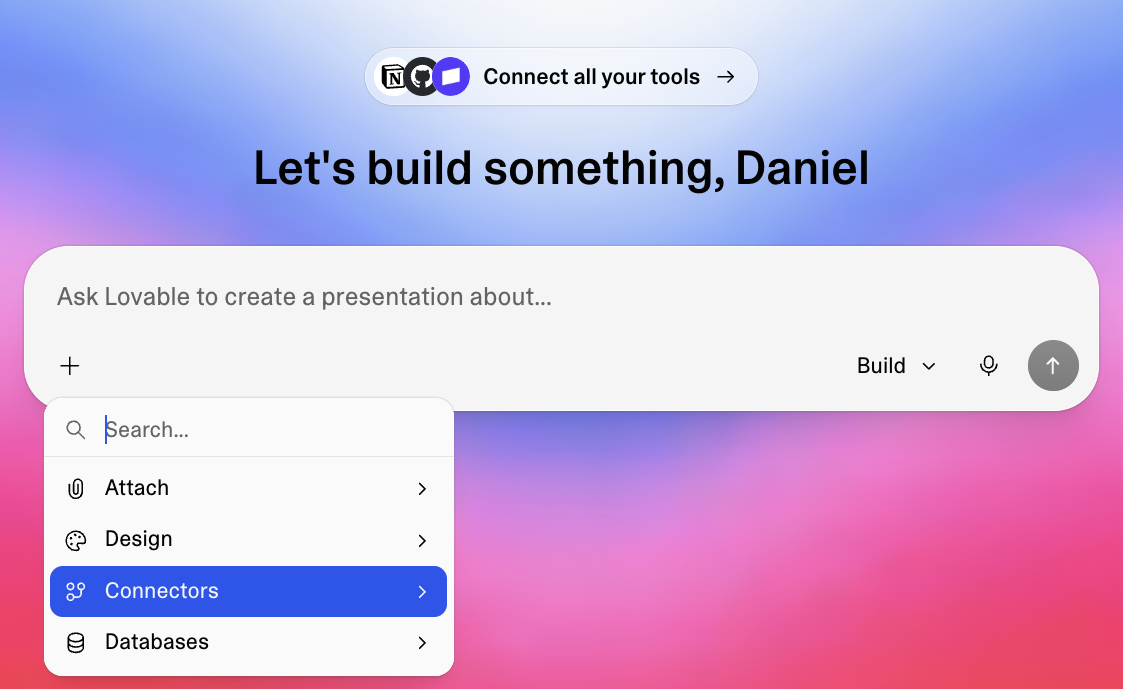 Lovable chat composer with the plus menu open and Connectors highlighted