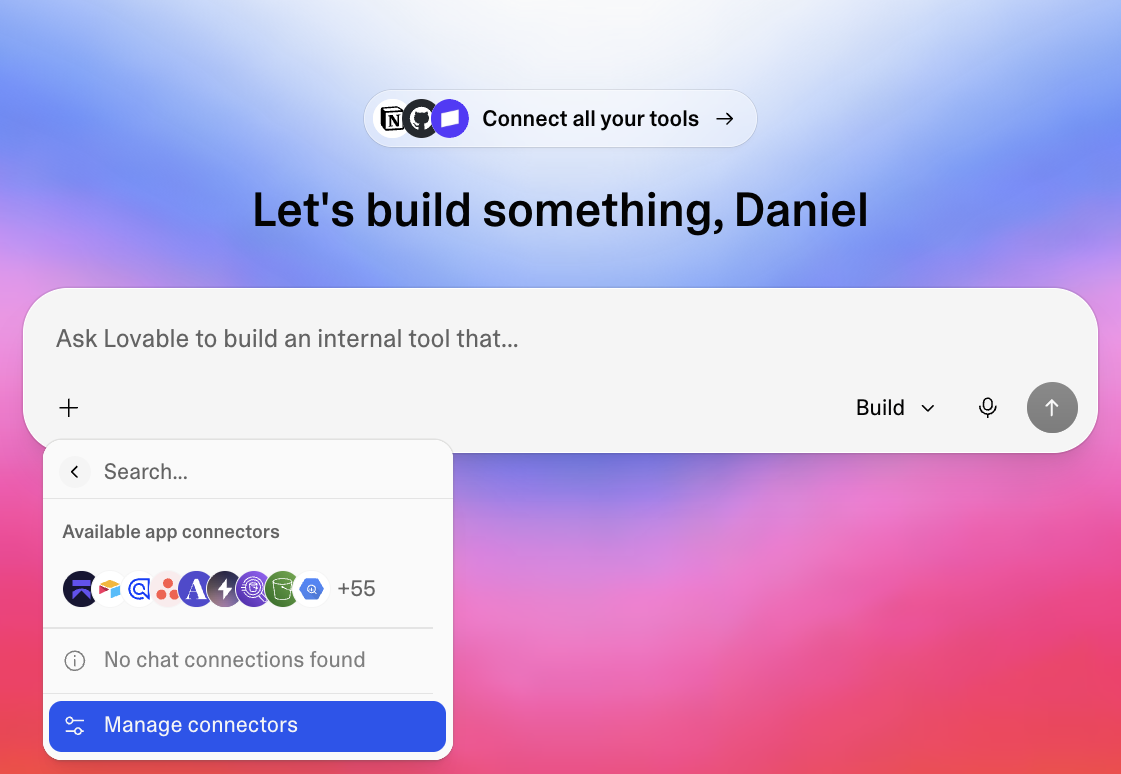 Lovable connectors submenu with the Manage connectors button