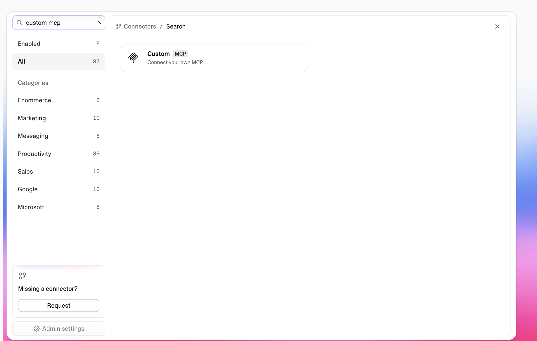 Lovable connectors search showing the Custom MCP result