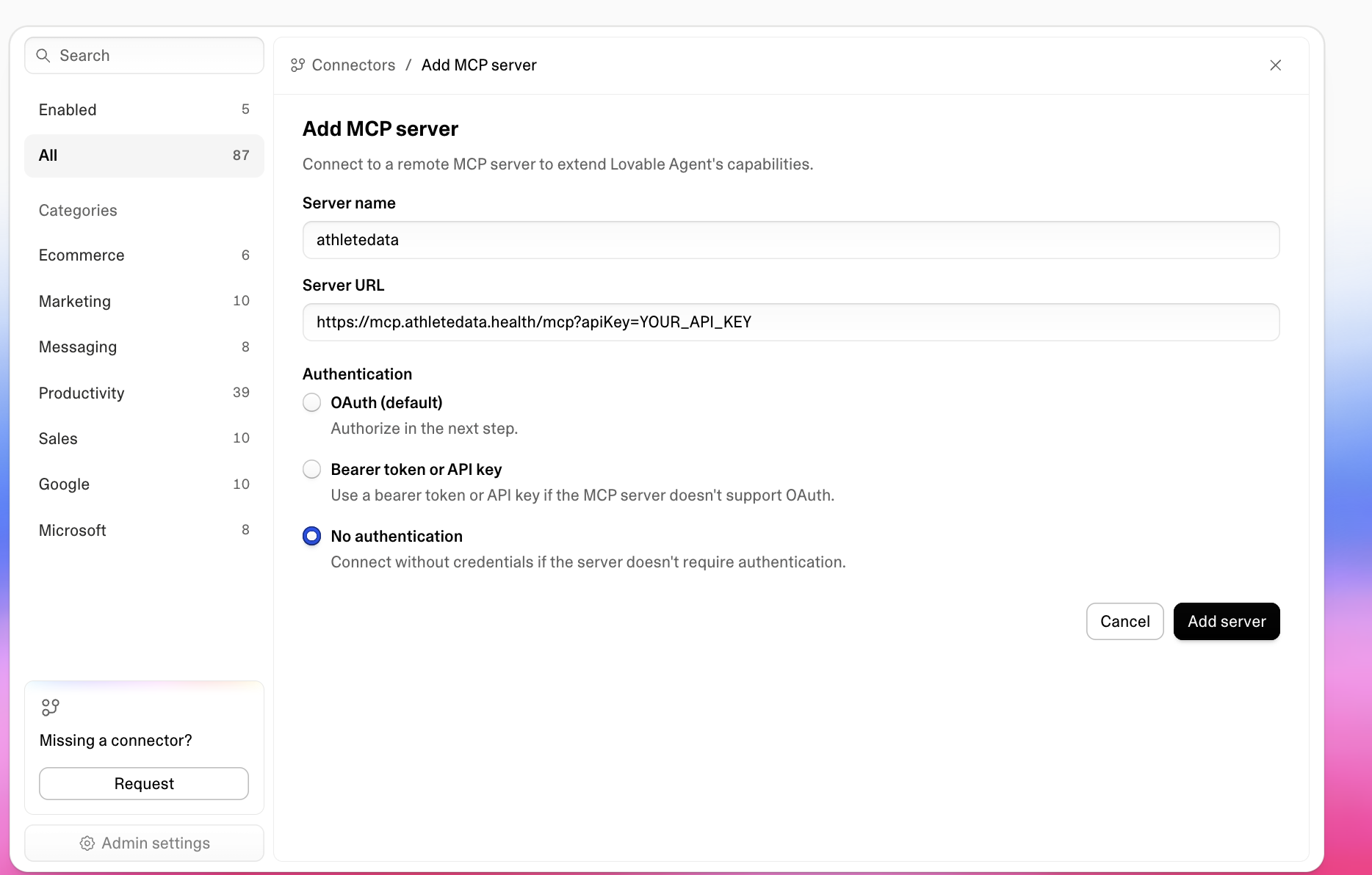 Lovable Add MCP server form with the athletedata URL and No authentication selected