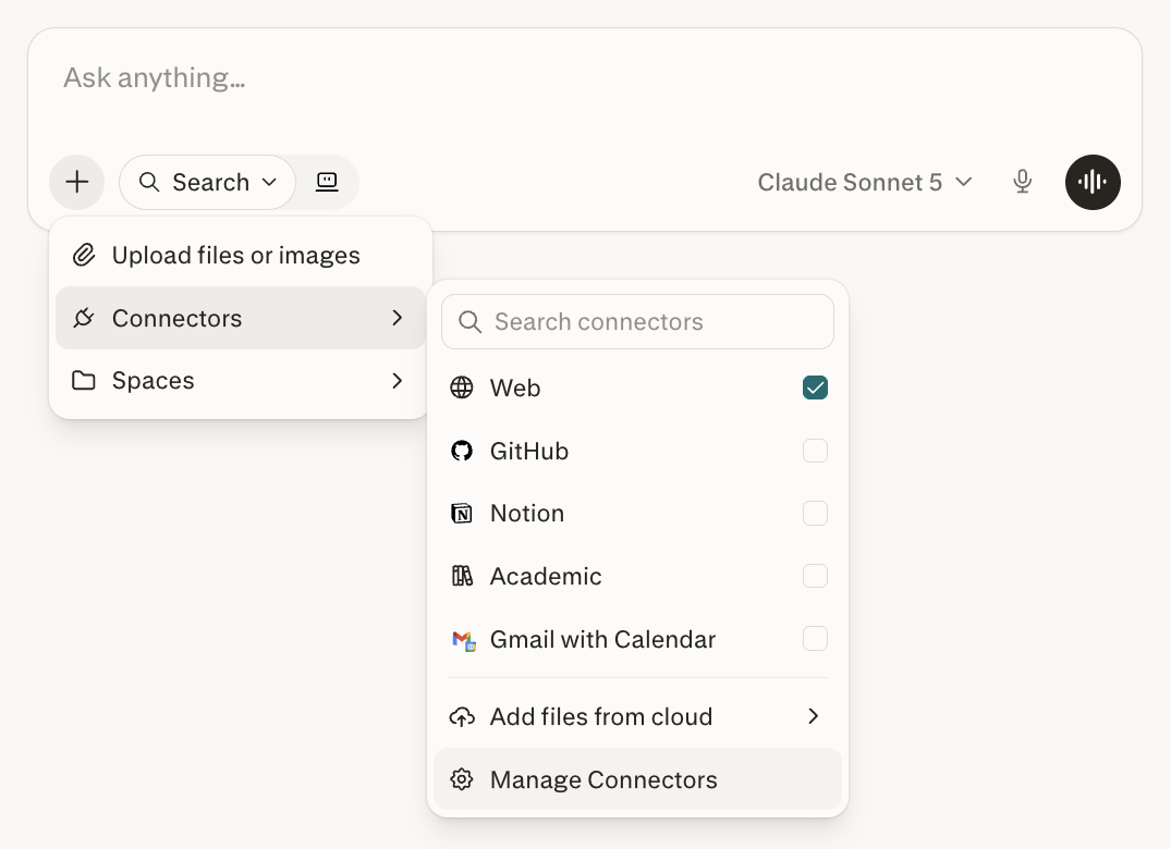 Perplexity composer with the plus menu open and the Connectors submenu showing Manage Connectors
