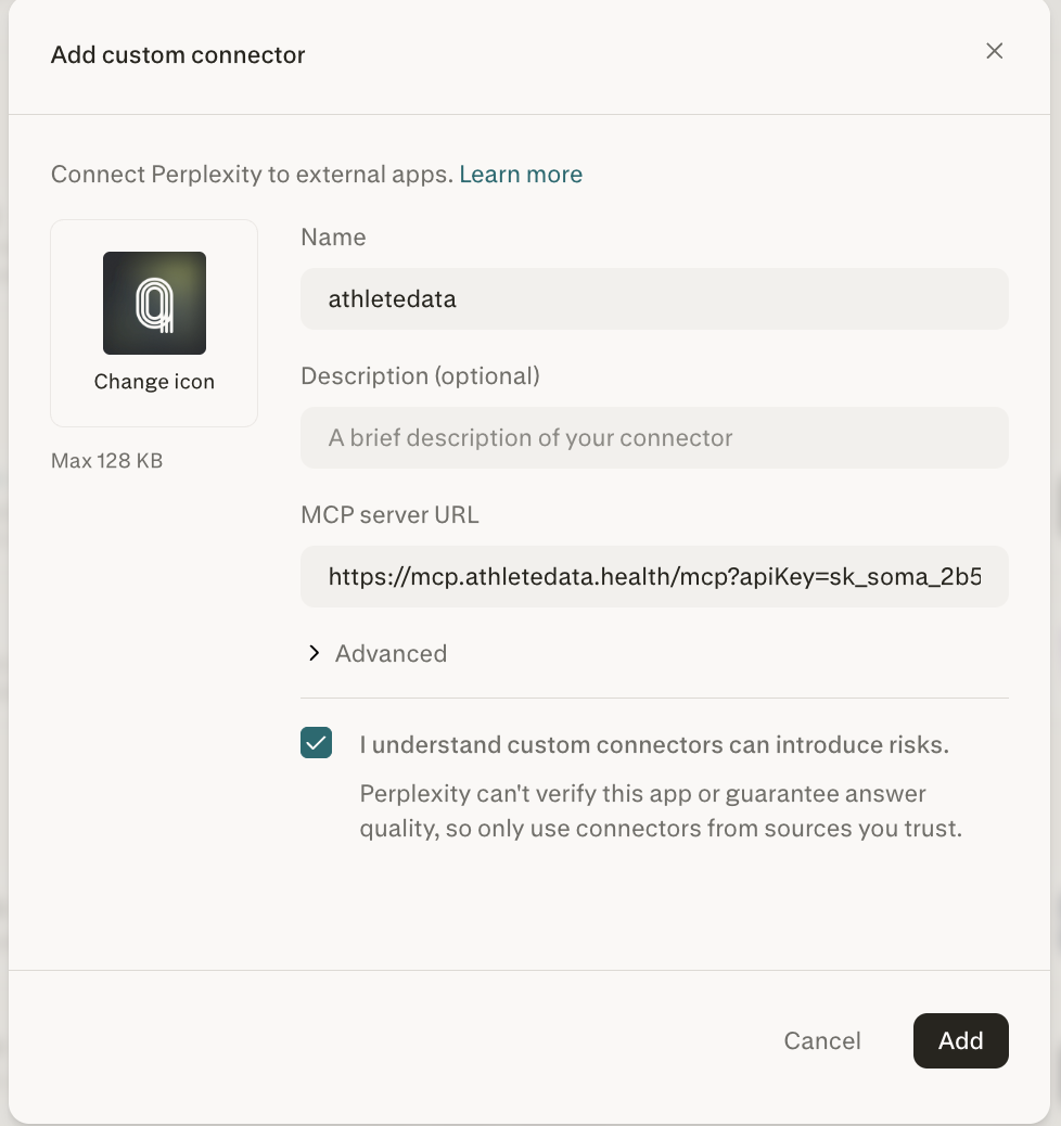 Perplexity Add custom connector dialog with the athletedata URL filled in