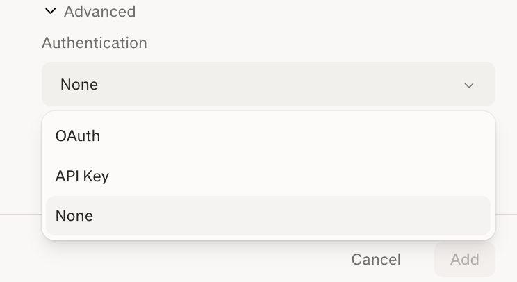 Perplexity Advanced settings with the Authentication dropdown set to None